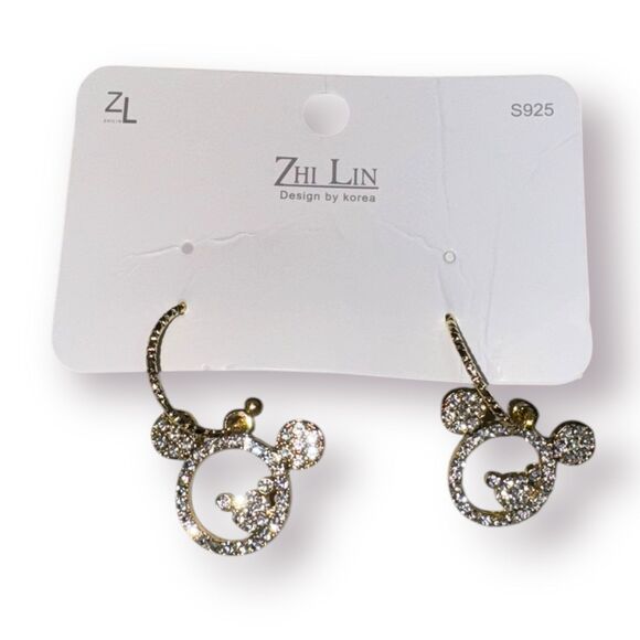 Zhi Lin Disney Gold Crystal Mickey Mouse Earrings Rhinestones BNWT - Picture 2 of 5
